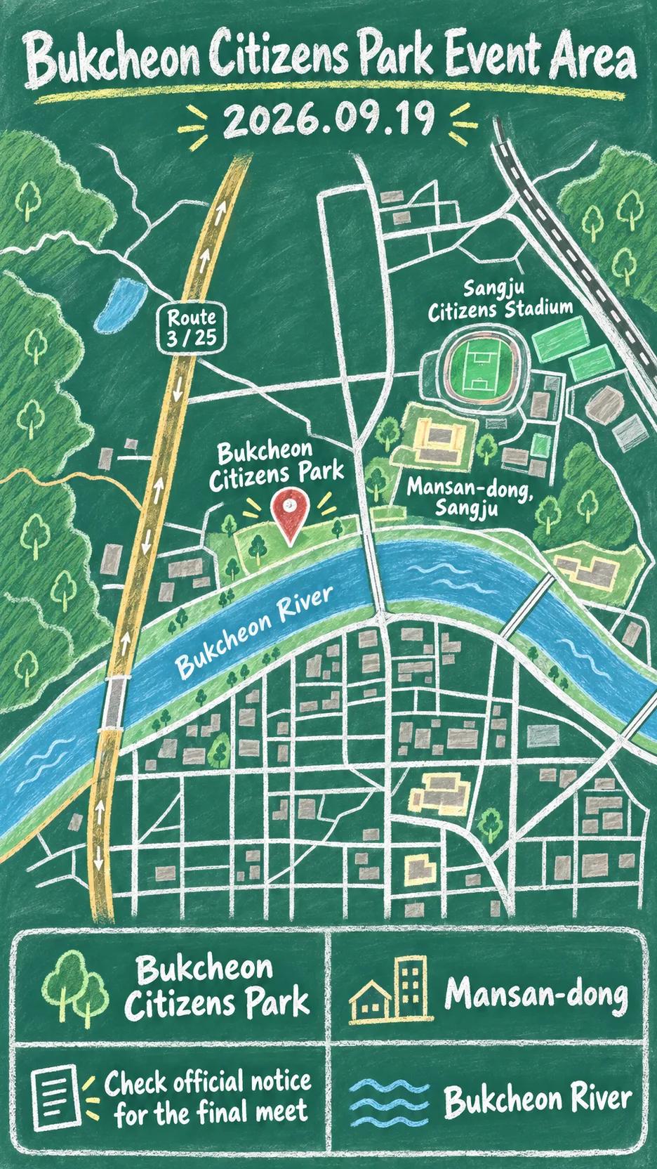 2026 Sangju Citizens’ Green Bicycle Parade: Date, Venue, Gear & Hotels English chalkboard map redrawn from the source map