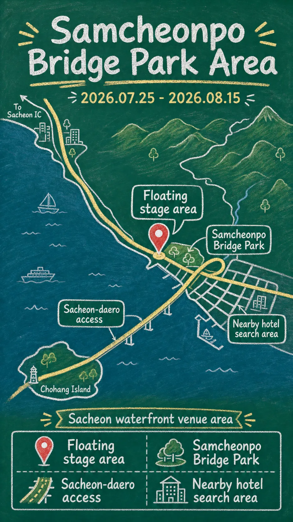 2026 Saturday Stage Proposal and Sacheon Rock Festival: Dates, Venue and Hotel Base Tips English chalkboard map redrawn from the source map