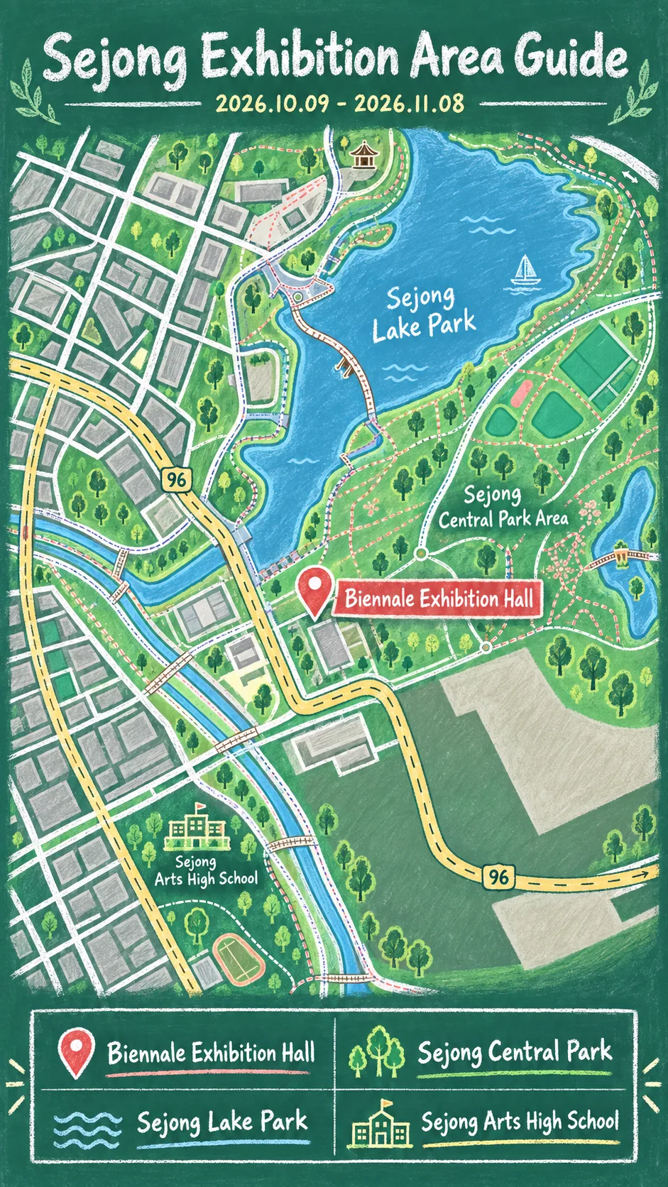 2026 Sejong and Nam June Hangeul Exhibition: Visitor and Hotel Guide English chalkboard map redrawn from the source map