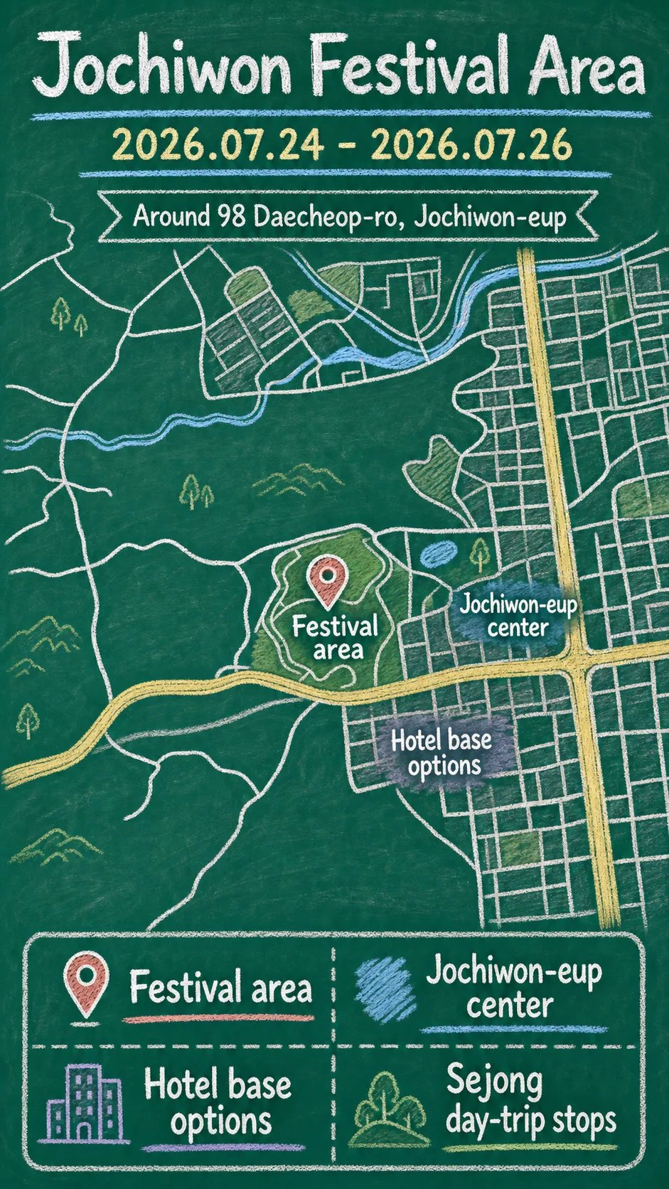 2026 Sejong Jochiwon Peach Festival: Dates, Location, Travel Tips and Where to Stay English chalkboard map redrawn from the source map
