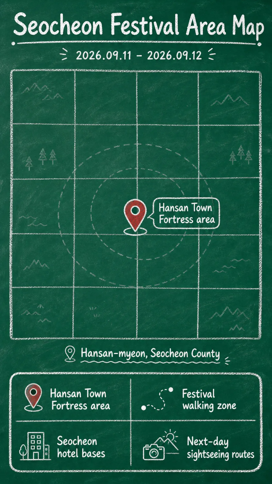 2026 Seocheon National Heritage Night Walk: Dates, Hansan Fortress Area, and Where to Stay English chalkboard map redrawn from the source map