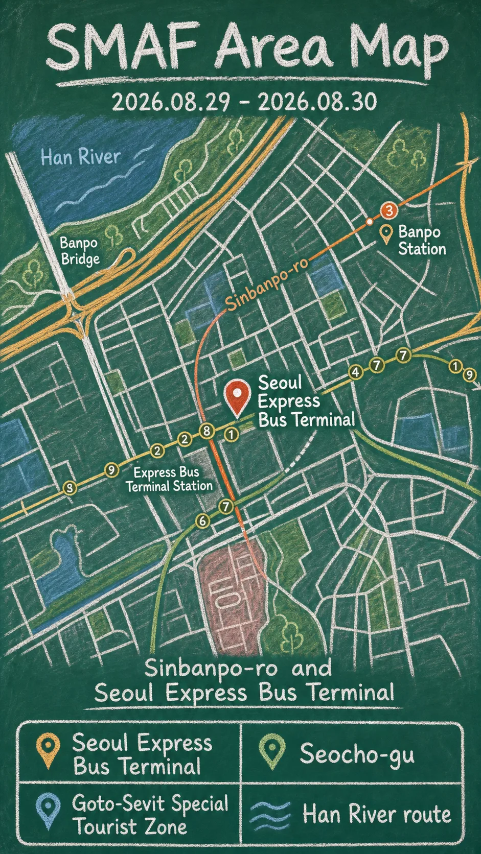 2026 Seocho Music and Art Festival Hotel Guide: Dates, Location, Transport, and Where to Stay English chalkboard map redrawn from the source map