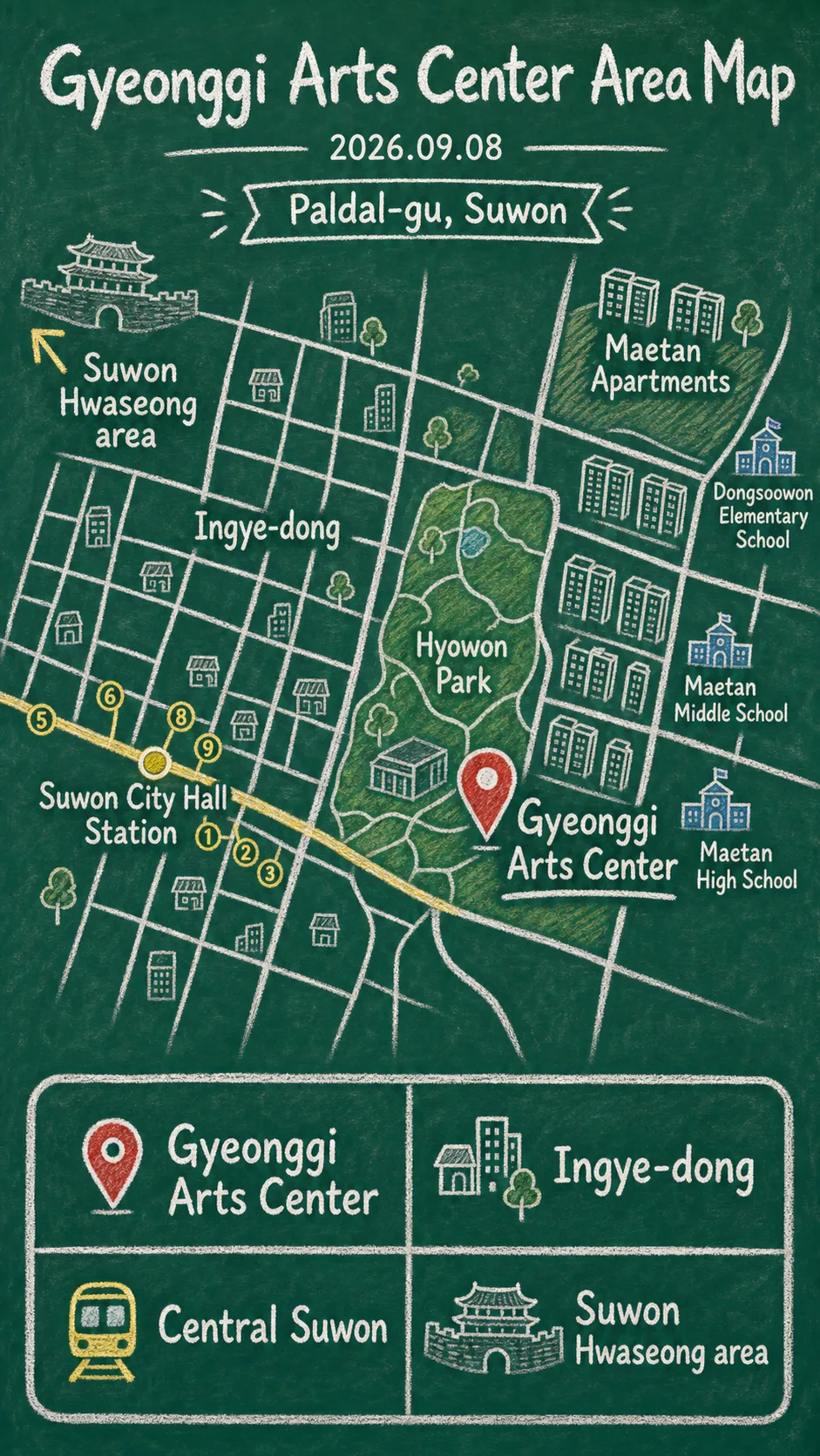 2026 Seoga Concert: Sherlock Holmes Hotel Guide for Suwon English chalkboard map redrawn from the source map