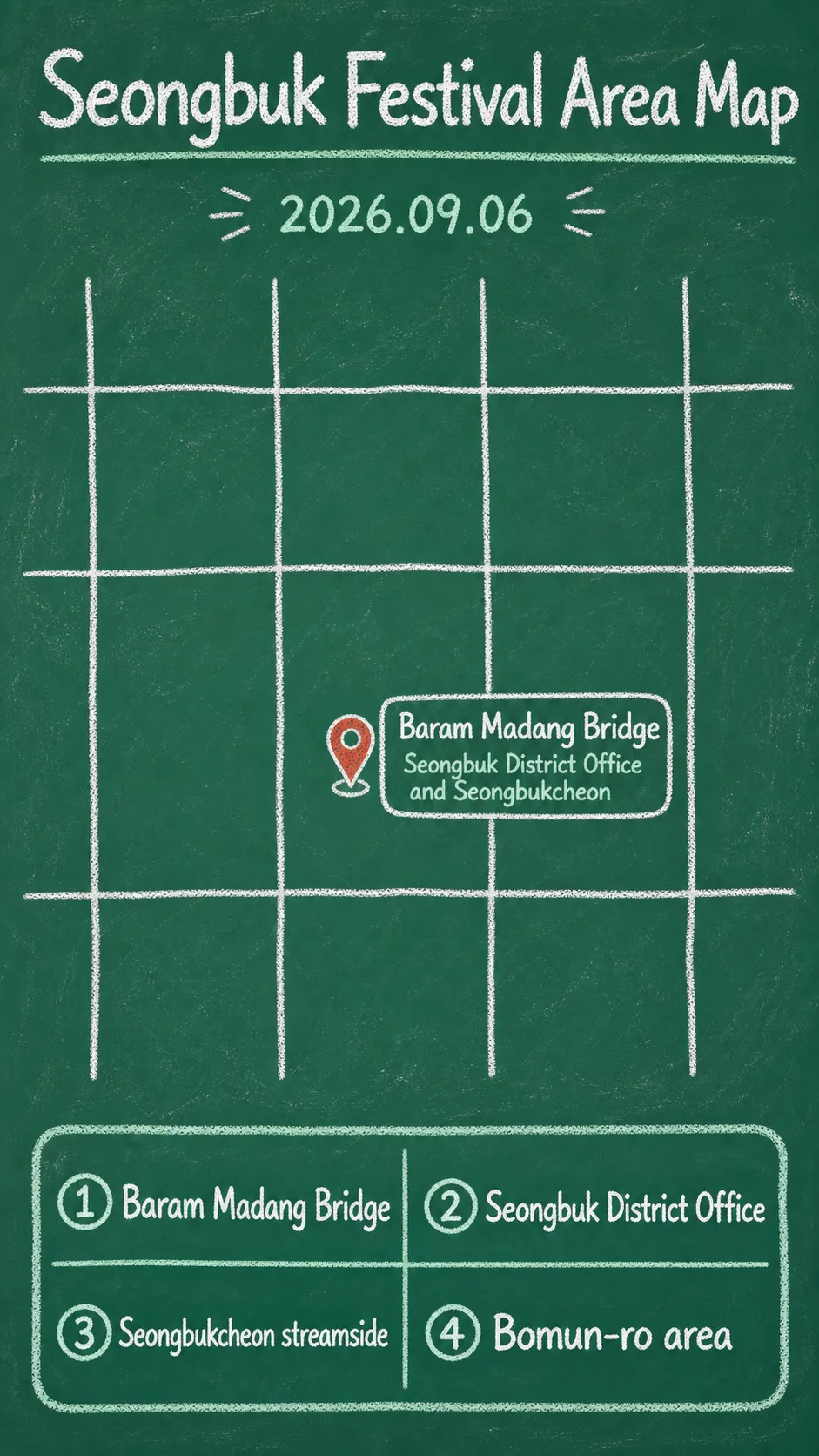 2026 Seongbuk Chaekmokkoji Book Festival: Seoul Travel and Hotel Base Guide English chalkboard map redrawn from the source map