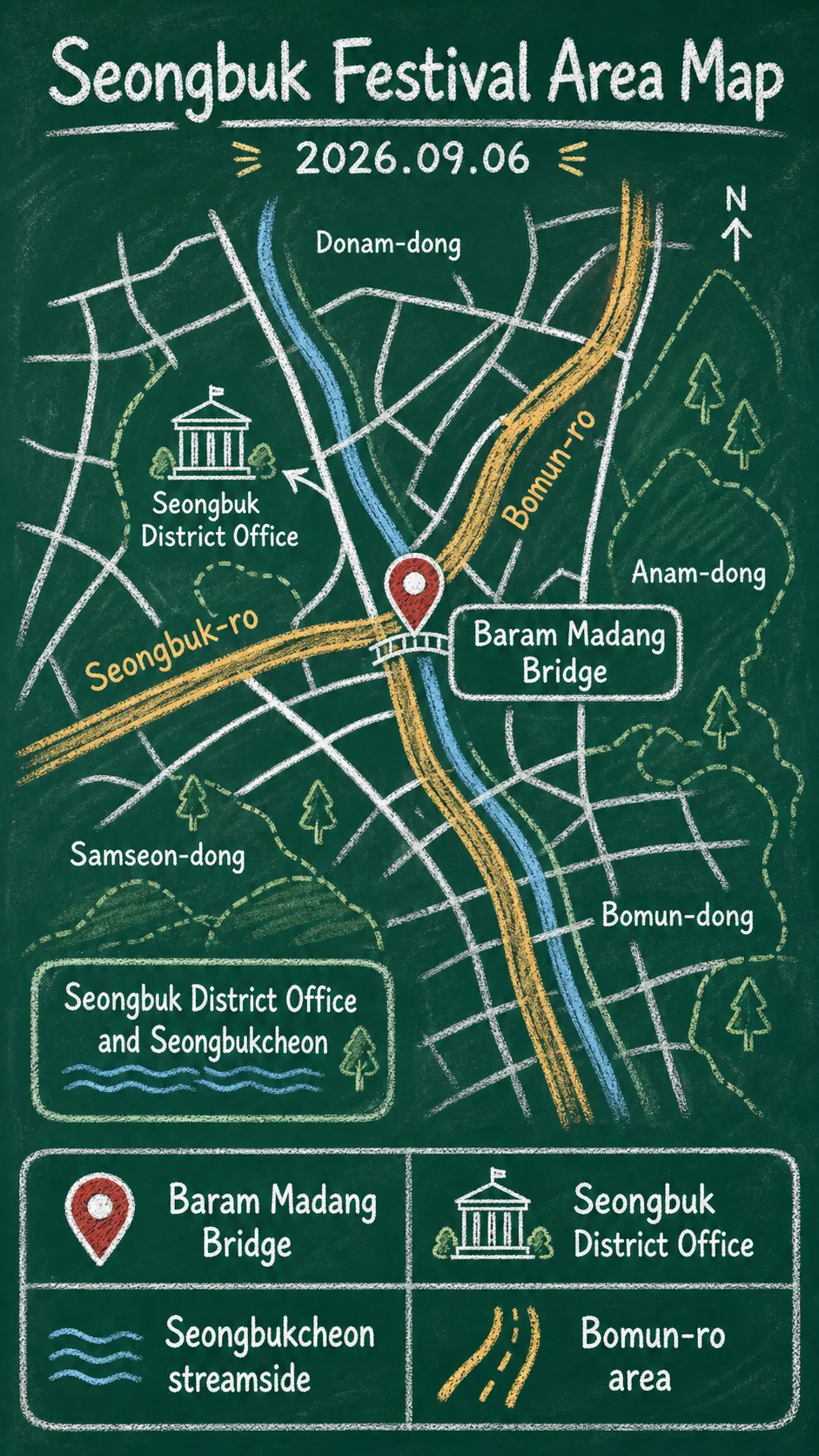 2026 Seongbuk Chaekmokkoji Book Festival: Seoul Travel and Hotel Base Guide English chalkboard map redrawn from the source map