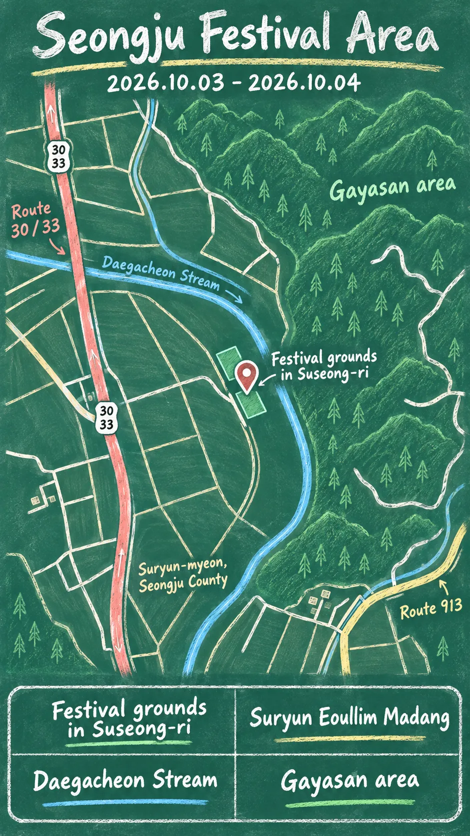 2026 Seongju Gayasan Golden Fields Grasshopper Festival: Travel and Hotel Guide English chalkboard map redrawn from the source map