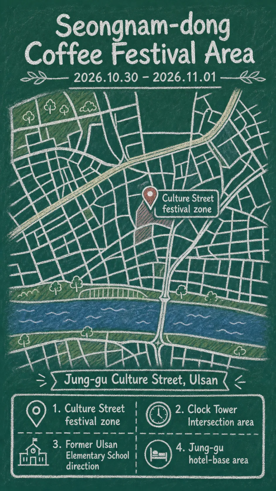 2026 Seongnam-dong Coffee Festival: Dates, Area Guide, and Hotel Base Tips English chalkboard map redrawn from the source map