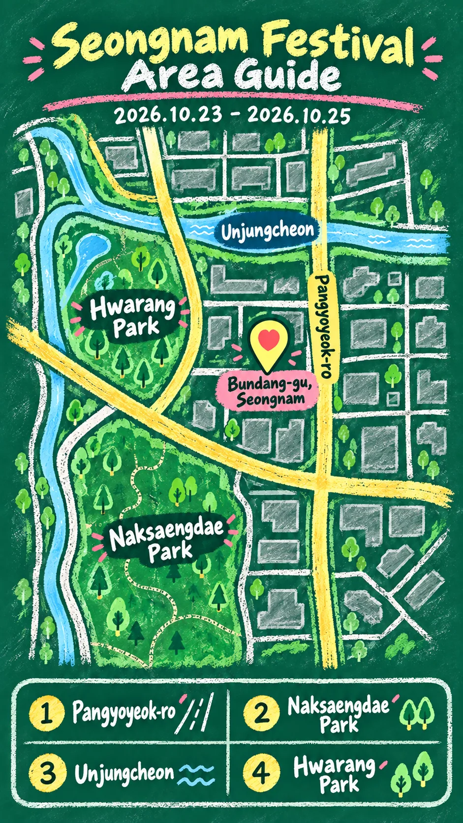 2026 Seongnam Tech Art Festival: Dates, Locations and Where to Stay English chalkboard map redrawn from the source map