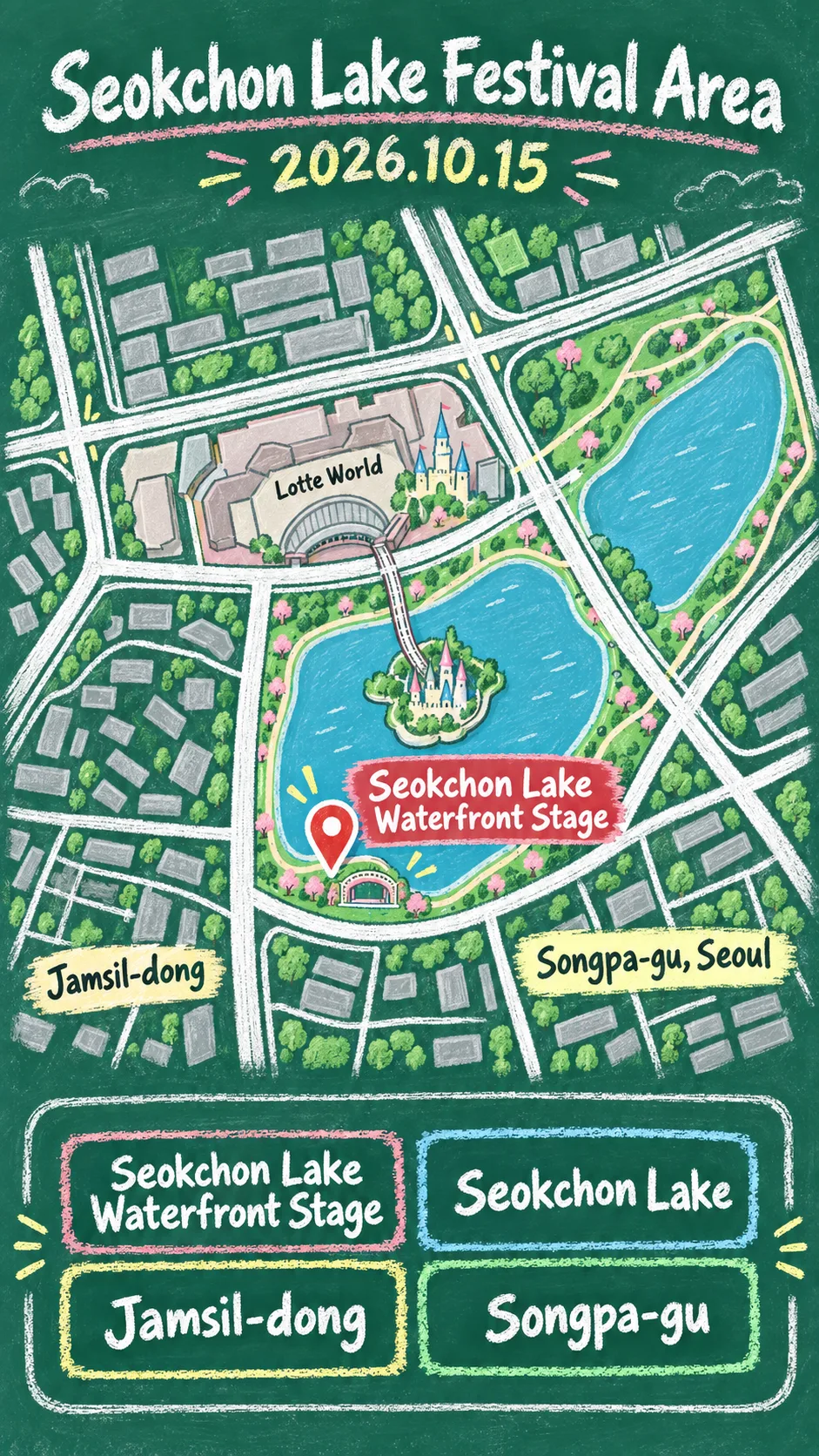 2026 Seoul Ballet Festival Guide: Venue, Visitor Tips and Songpa Hotels English chalkboard map redrawn from the source map