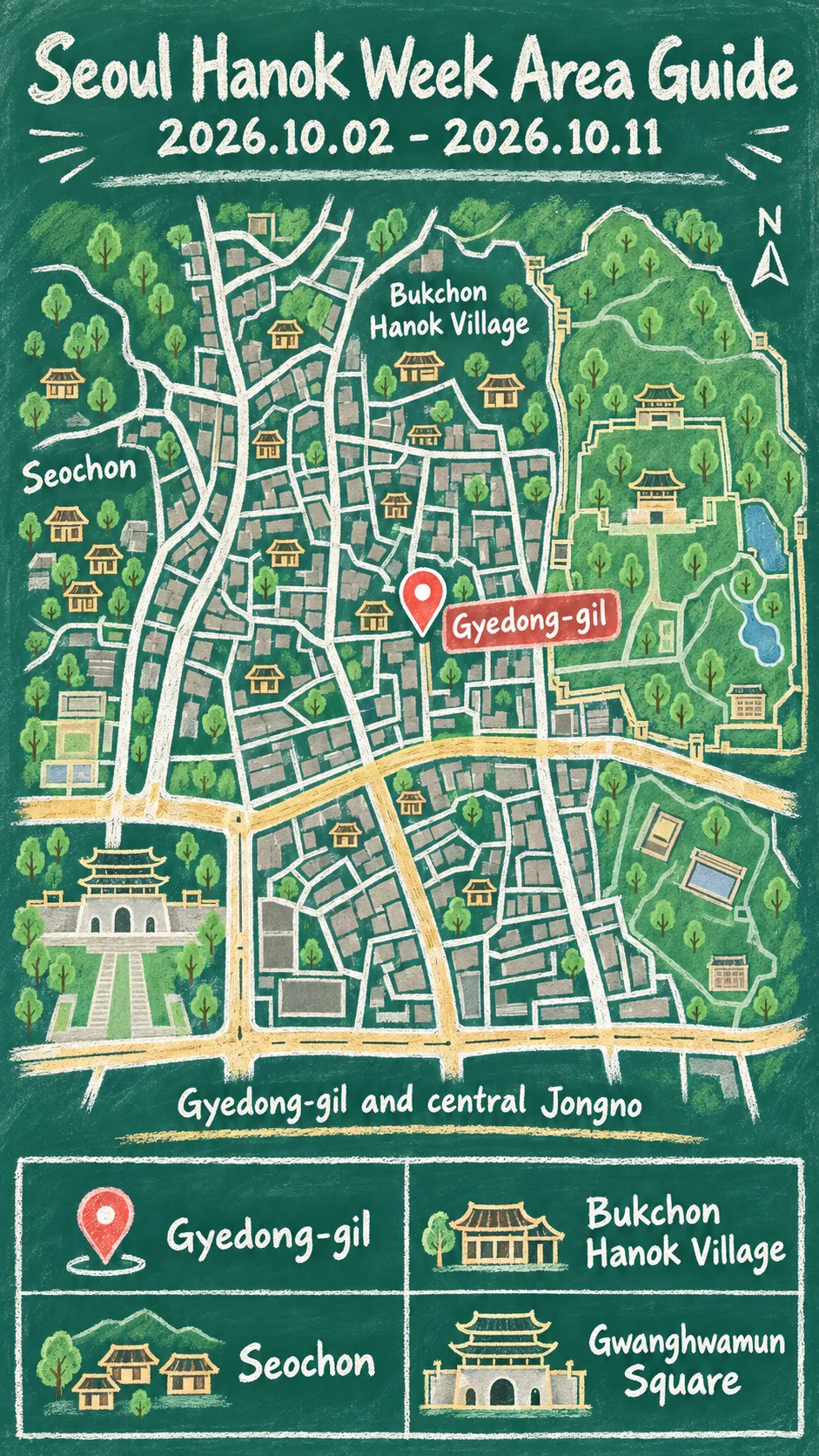 2026 Seoul Hanok Week Guide: Dates, Routes and Where to Stay English chalkboard map redrawn from the source map
