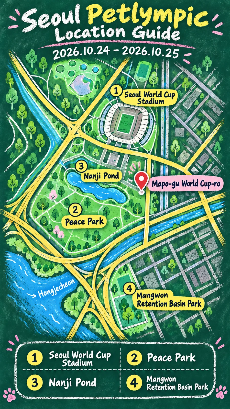 2026 Seoul Petlympic: Dates, Location, Dog Essentials, and Where to Stay English chalkboard map redrawn from the source map