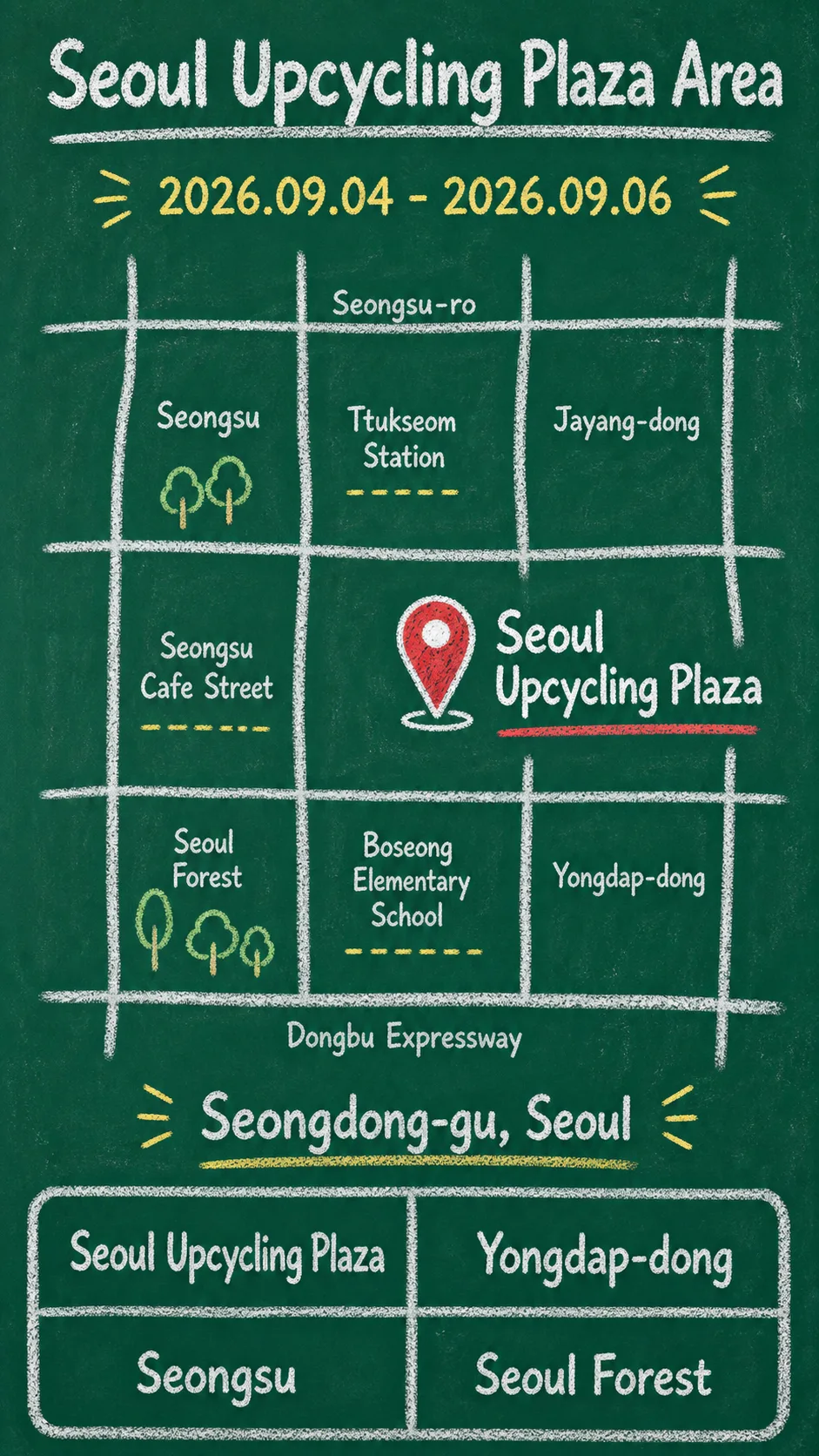 2026 Seoul Upcycling Festival Hotel Guide for Seongdong-gu English chalkboard map redrawn from the source map