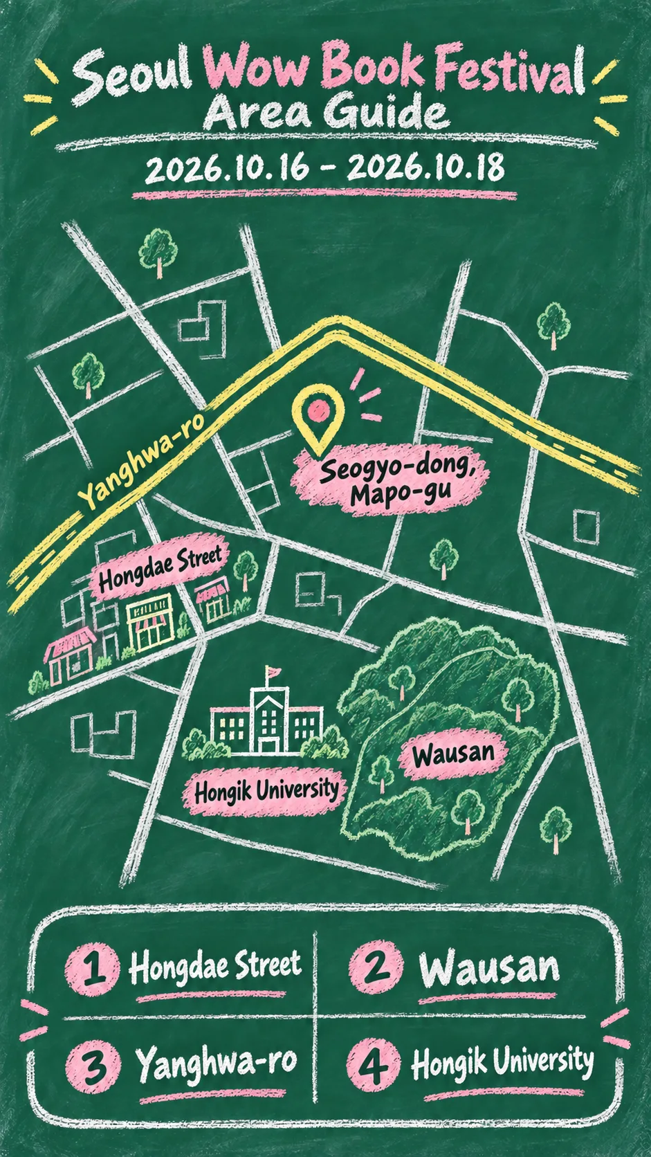 2026 Seoul Wow Book Festival: Dates, Venues and Where to Stay English chalkboard map redrawn from the source map