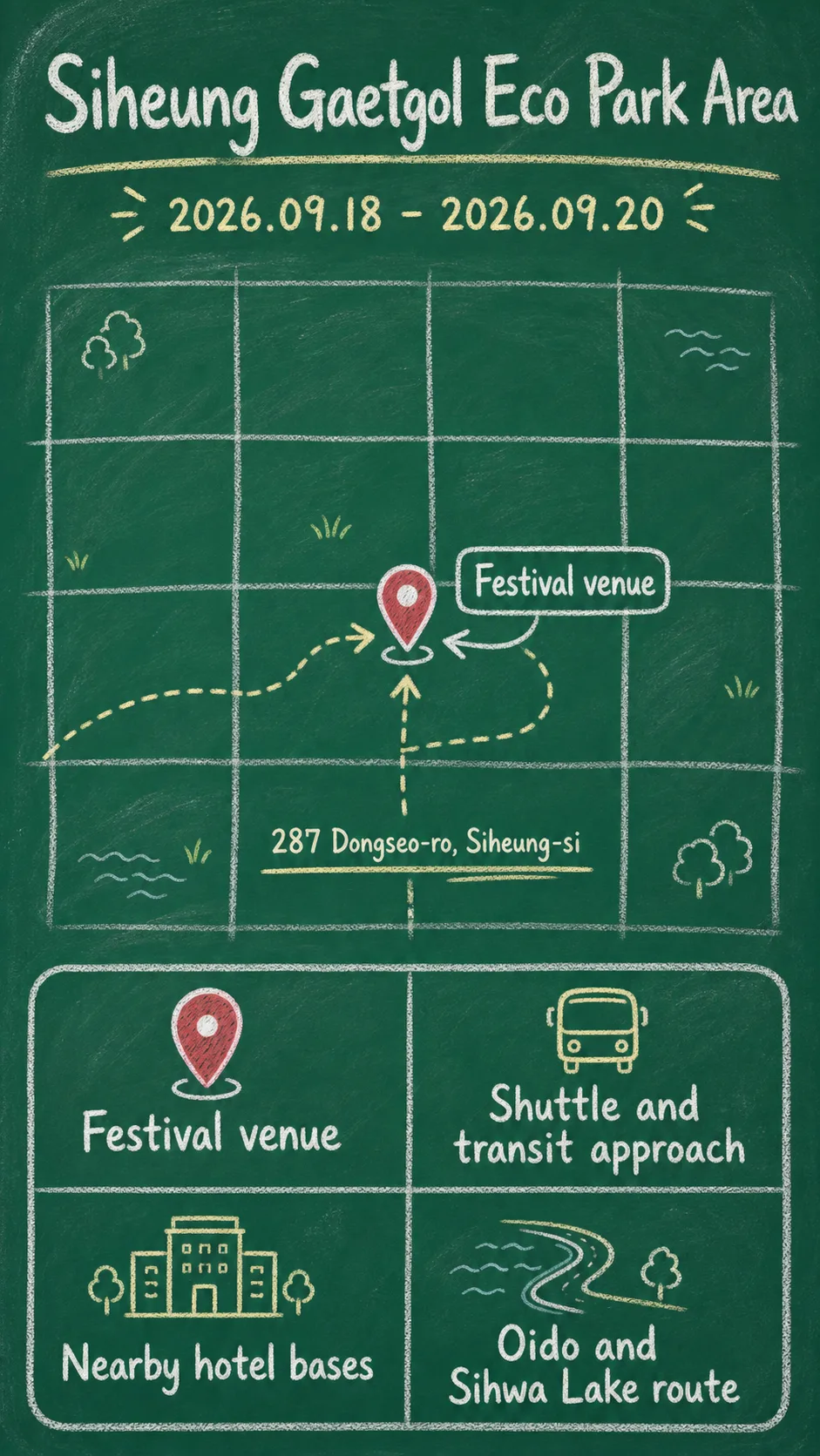 2026 Siheung Gaetgol Festival Guide: Dates, Eco Park Location, What to Pack, and Where to Stay English chalkboard map redrawn from the source map