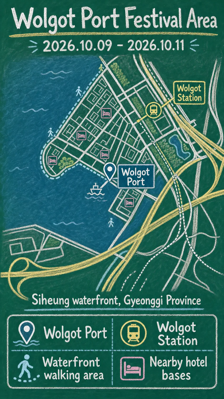 2026 Siheung Wolgot Port Festival: Dates, Waterfront Tips, and Where to Stay English chalkboard map redrawn from the source map