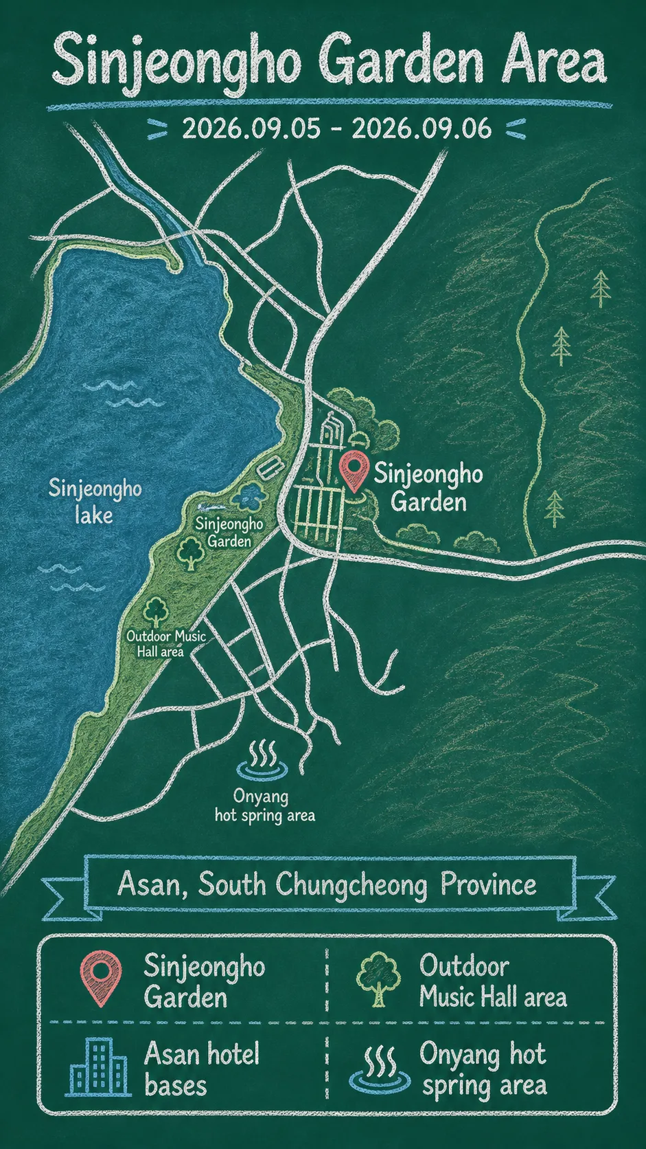 2026 Sinjeongho Starlight Festival in Asan: Dates, Location and Hotel Base Tips English chalkboard map redrawn from the source map