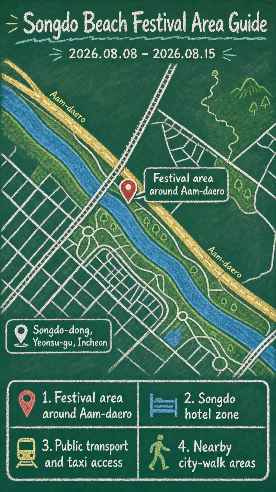 2026 Songdo Beach Festival: Dates, Location, What to Pack, and Where to Stay in Incheon English chalkboard map redrawn from the source map