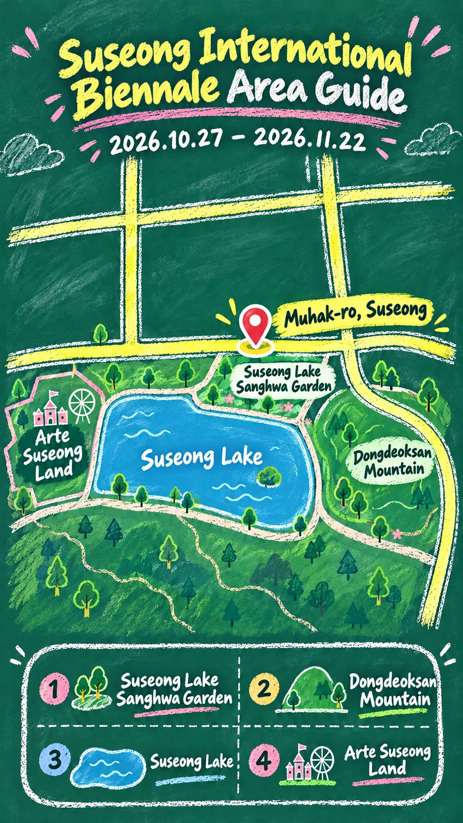 2026 Suseong International Biennale: Dates, Location and Where to Stay English chalkboard map redrawn from the source map