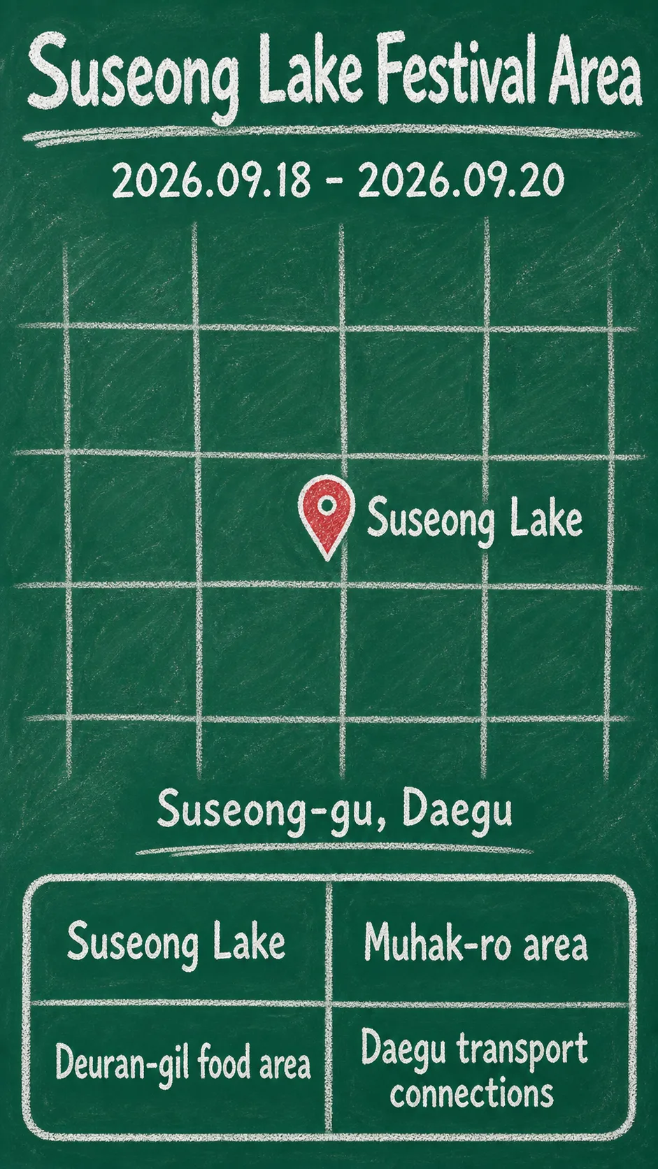 2026 Suseong Lake Festival Guide: Dates, Location, and Where to Stay in Daegu English chalkboard map redrawn from the source map