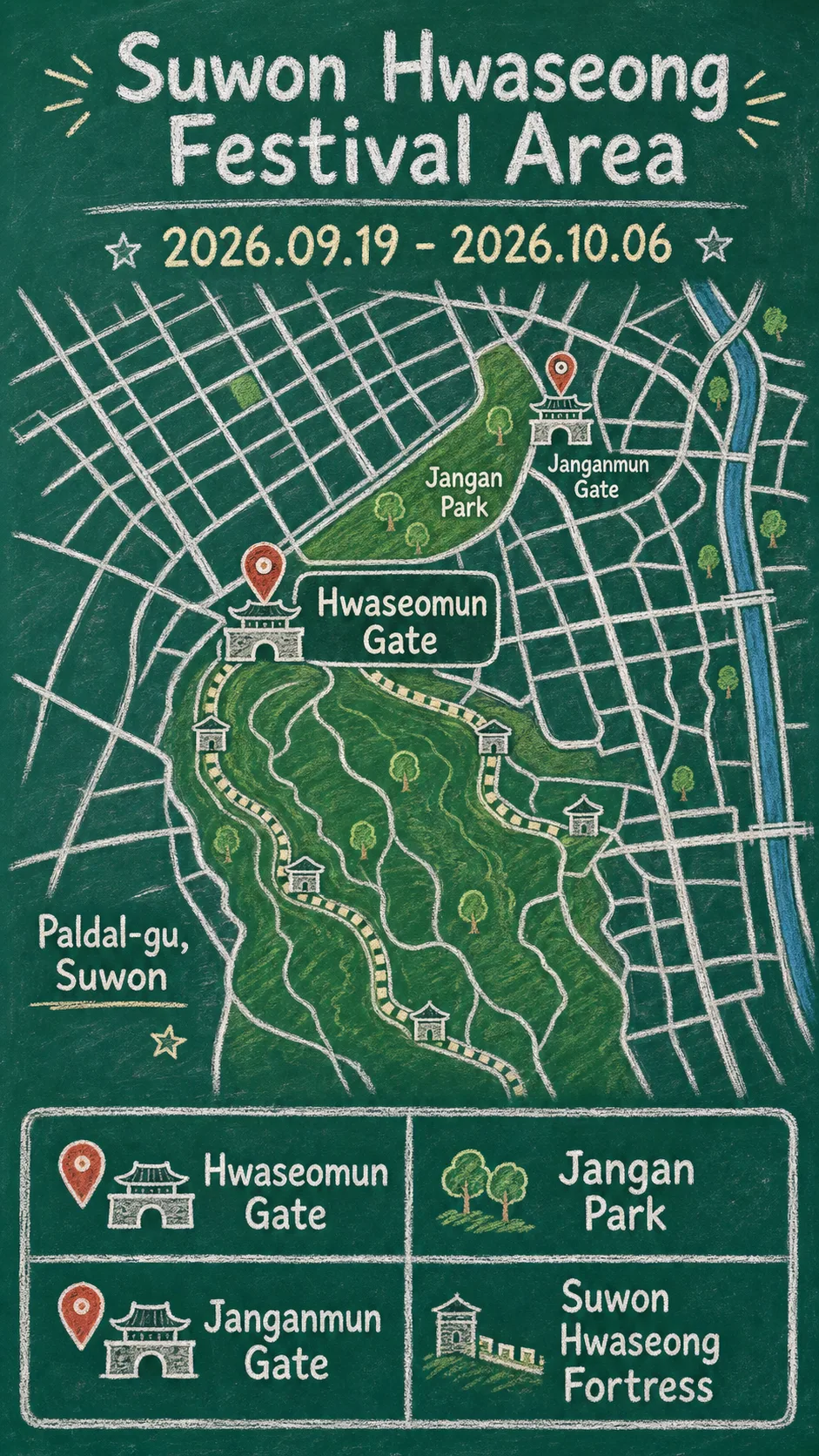 2026 Suwon Hwaseong Media Art Guide: Dates, Location, Night Visit Tips, and Where to Stay English chalkboard map redrawn from the source map