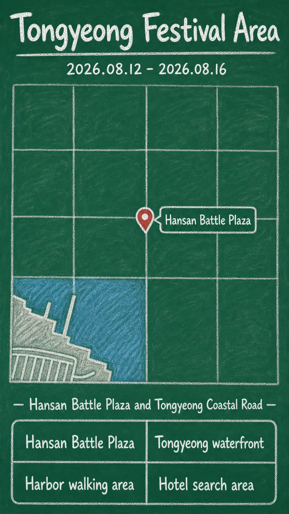 2026 Tongyeong Hansan Battle Festival Hotel Guide: Dates, Location, Travel Tips, and Where to Stay English chalkboard map redrawn from the source map