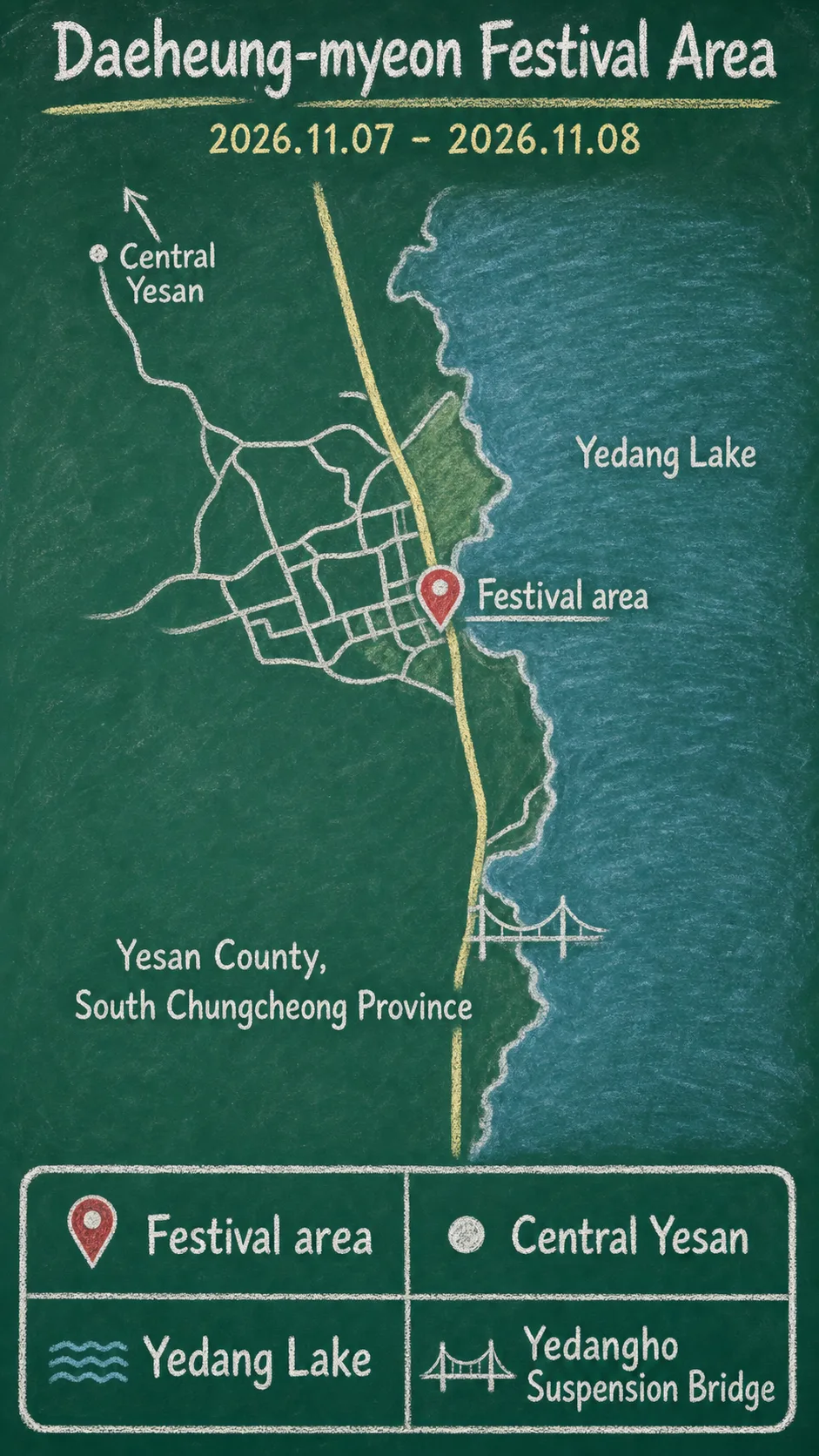 2026 Uijeoun Brothers Festival in Yesan: Dates, Location, and Where to Stay English chalkboard map redrawn from the source map