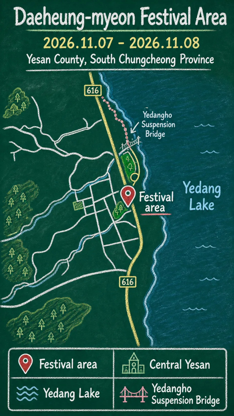 2026 Uijeoun Brothers Festival in Yesan: Dates, Location, and Where to Stay English chalkboard map redrawn from the source map