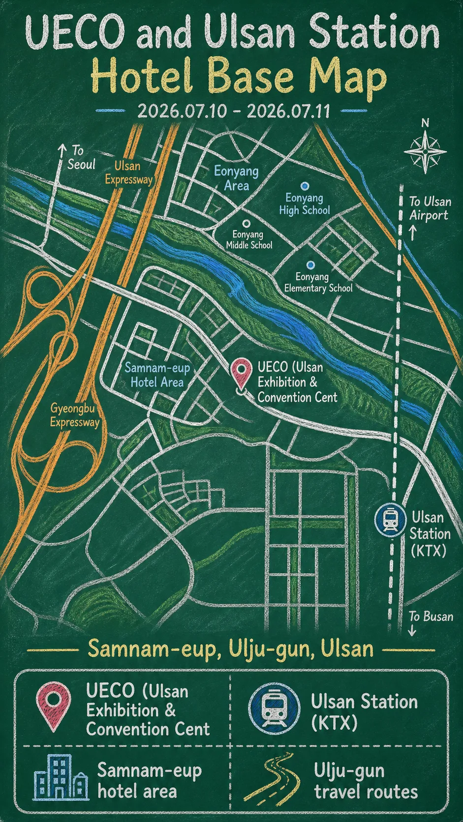 2026 Ulsan 119 Safety Culture Festival: Where to Stay Near UECO and Ulsan Station English chalkboard map redrawn from the source map