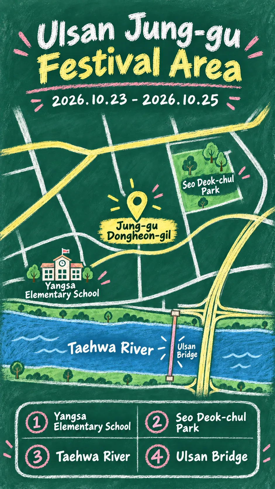 2026 Ulsan Jung-gu Heritage Night Festival: Dates, Venues and Where to Stay English chalkboard map redrawn from the source map