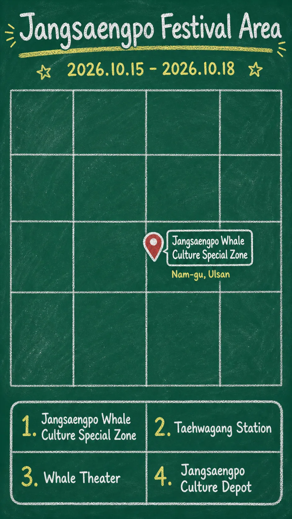 2026 Ulsan Whale Festival Hotel Guide: Where to Stay Around Jangsaengpo English chalkboard map redrawn from the source map