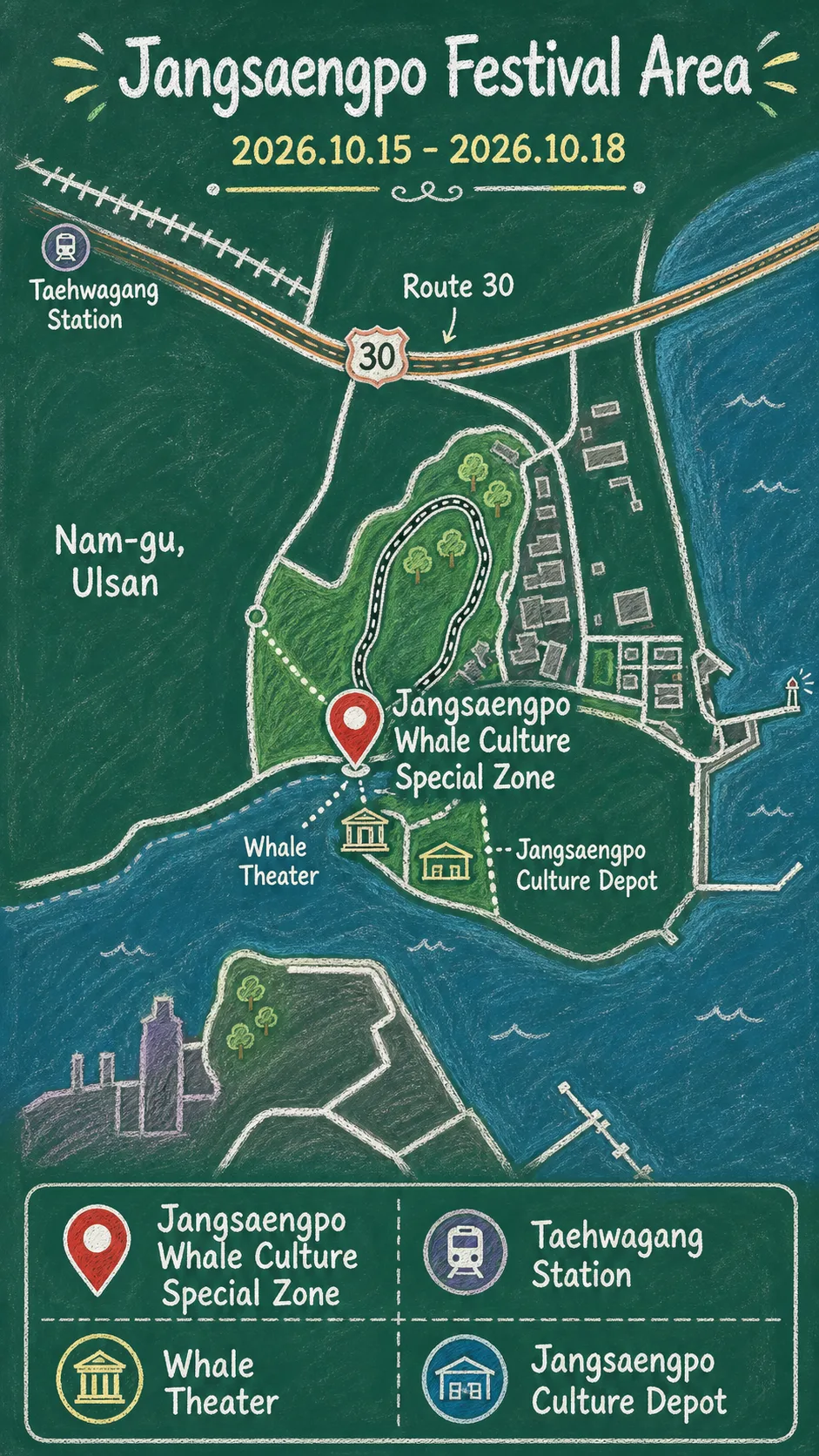 2026 Ulsan Whale Festival Hotel Guide: Where to Stay Around Jangsaengpo English chalkboard map redrawn from the source map