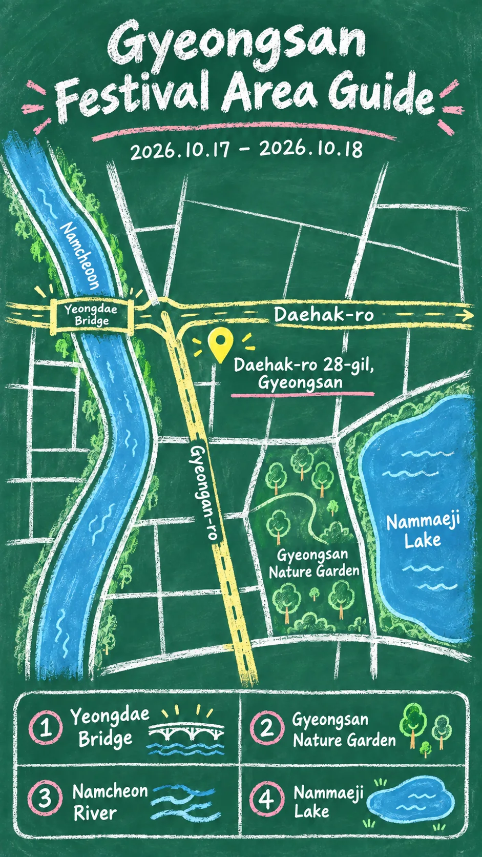 2026 UNICA Korea International Film Festival: Dates, Venue and Where to Stay in Gyeongsan English chalkboard map redrawn from the source map
