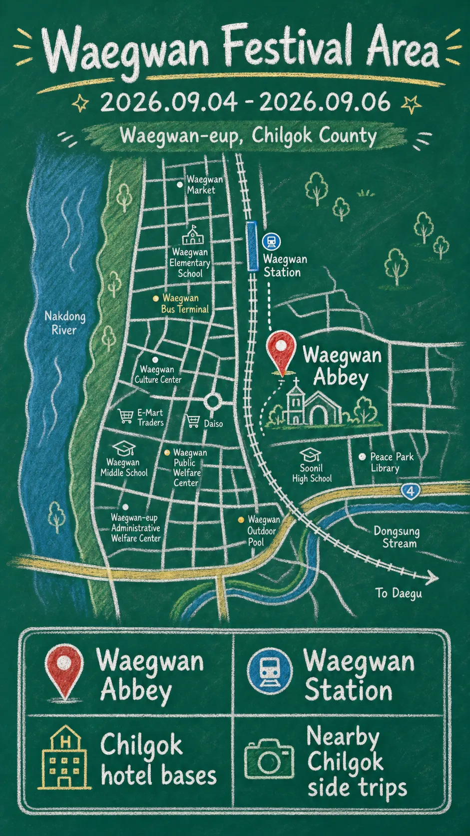 2026 Waegwan Holy Festival: Dates, Things to Do, and Where to Stay Nearby English chalkboard map redrawn from the source map