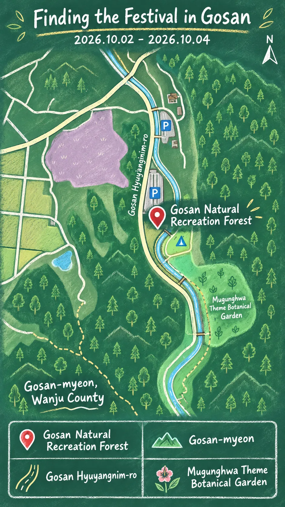 Wanju Wild & Local Food Festival 2026: Dates & Where to Stay English chalkboard map redrawn from the source map