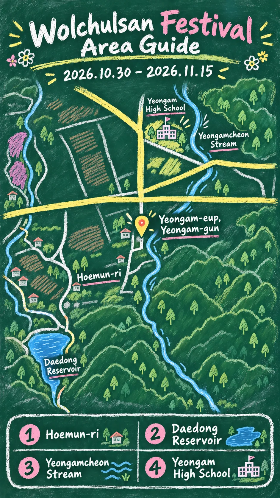 2026 Wolchulsan Chrysanthemum Festival: Dates, Location and Where to Stay English chalkboard map redrawn from the source map