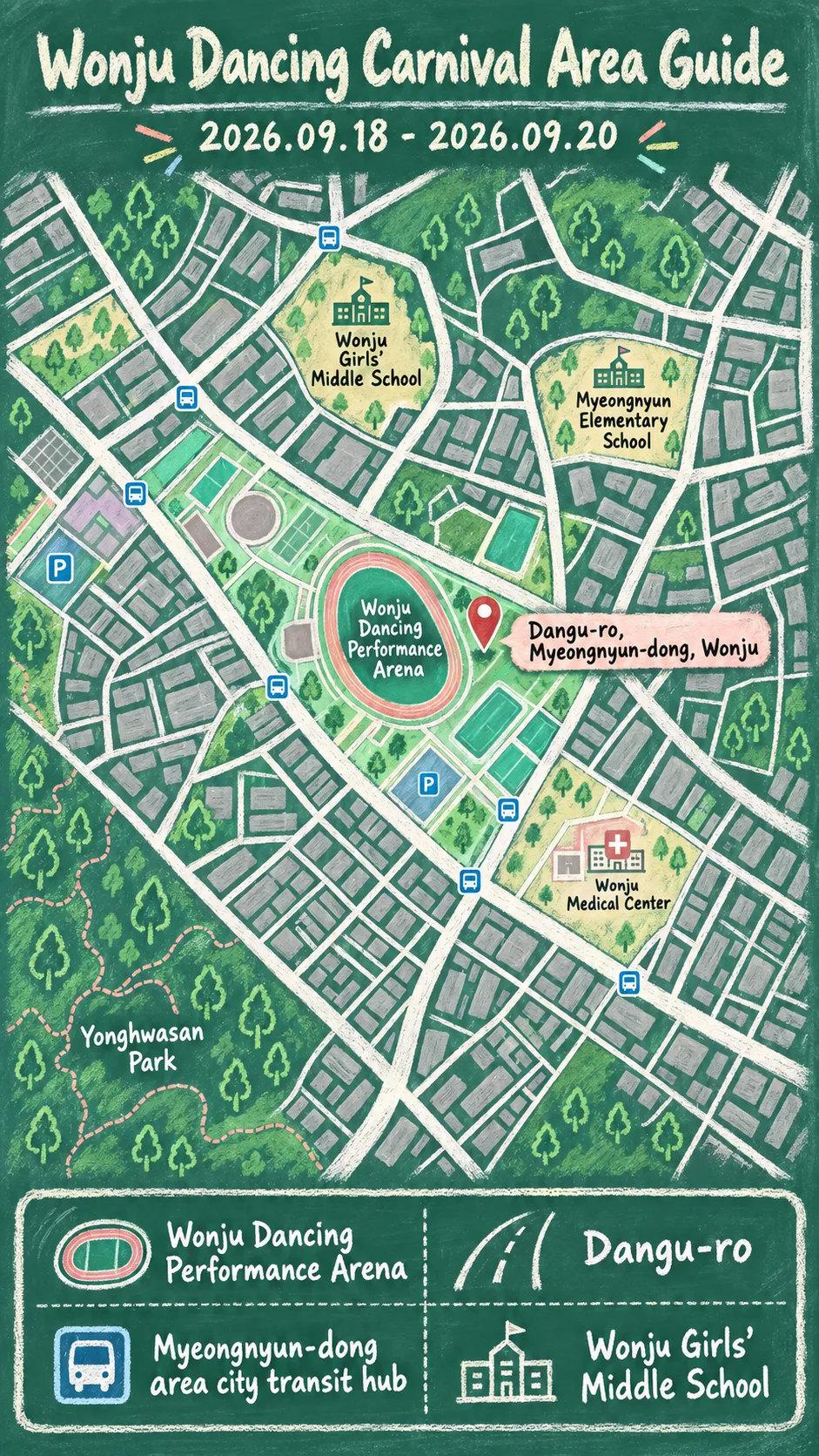 2026 Wonju Dancing Carnival: Dates, Venue and Hotel Guide English chalkboard map redrawn from the source map