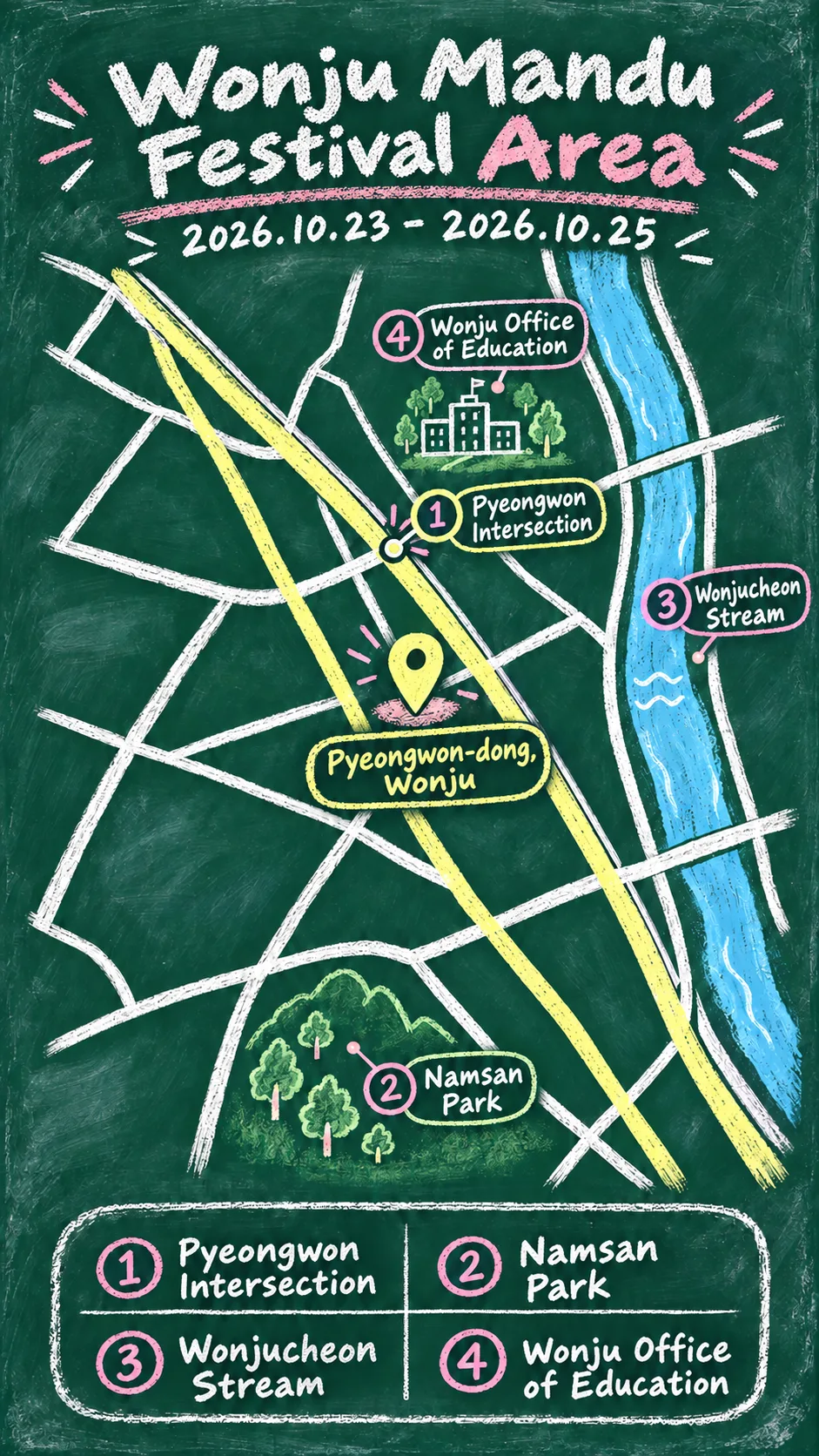 2026 Wonju Mandu Festival: Dates, Location and Where to Stay English chalkboard map redrawn from the source map