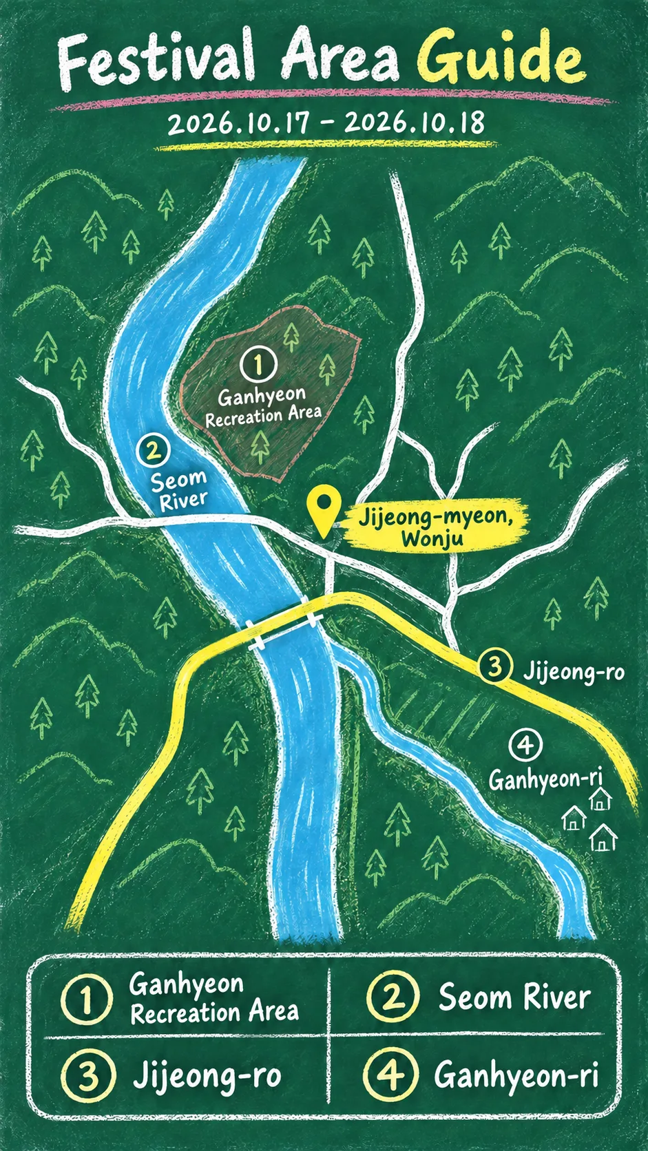2026 Wonju Nonghyup Chiaksan Sweet Potato Festival: Dates, Location and Where to Stay English chalkboard map redrawn from the source map