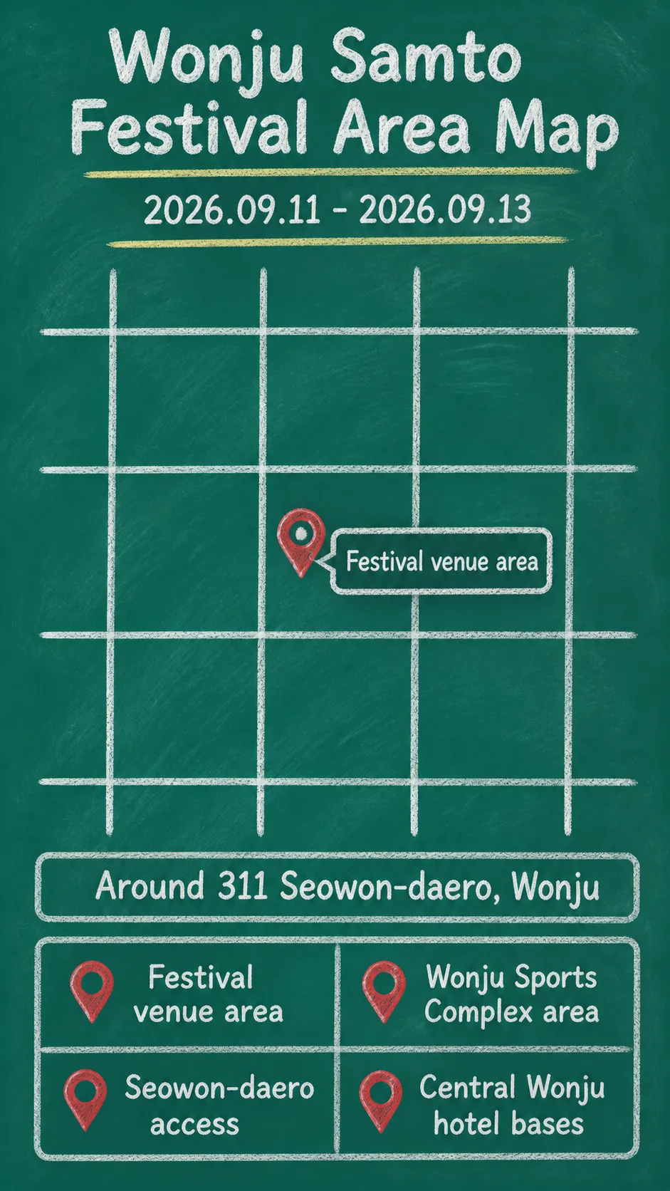 2026 Wonju Samto Festival Guide: Dates, Location and Hotel Bases English chalkboard map redrawn from the source map