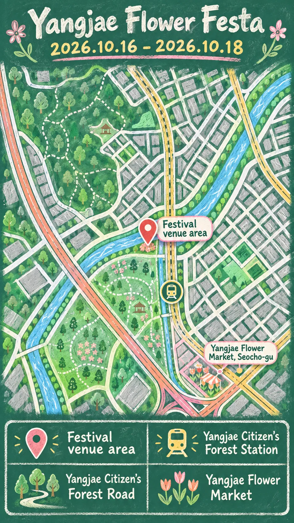 2026 Yangjae Flower Festa Guide: Dates, Transport and Hotels English chalkboard map redrawn from the source map