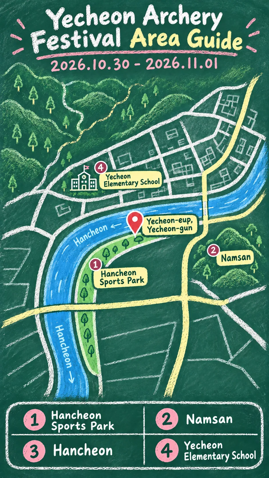 2026 Yecheon Archery Festival: Dates, Location and Where to Stay English chalkboard map redrawn from the source map