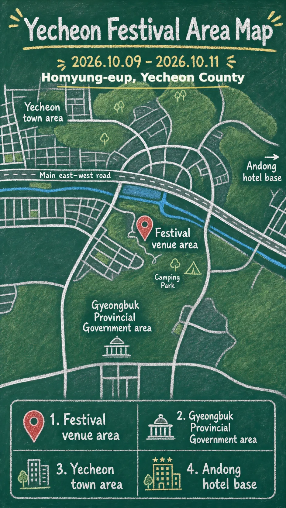 2026 Yecheon International Smartphone Film Festival: Dates, Location, Travel Tips, and Hotel Bases English chalkboard map redrawn from the source map