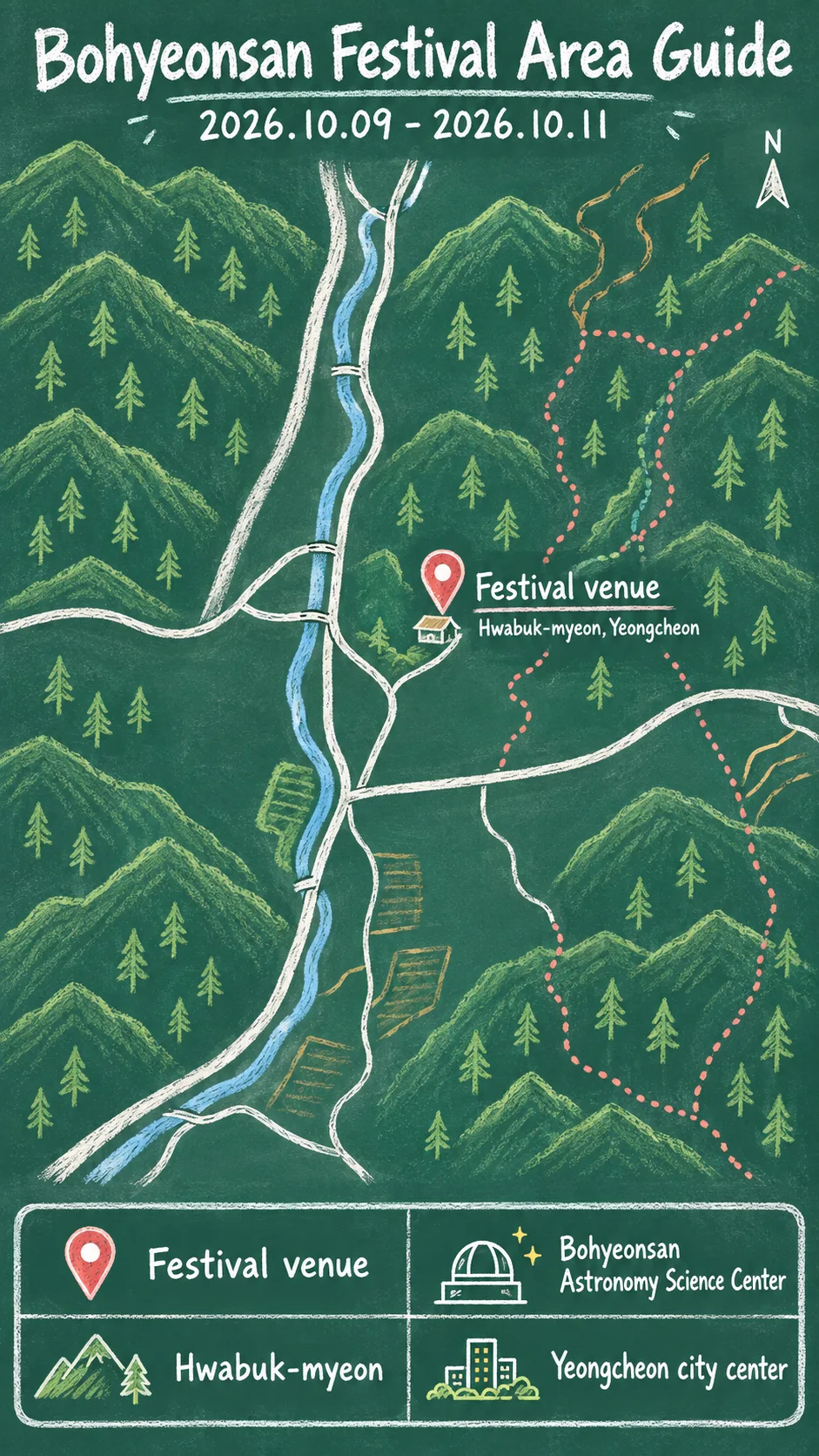 2026 Yeongcheon Bohyeonsan Starlight Festival: Dates, Transport and Where to Stay English chalkboard map redrawn from the source map