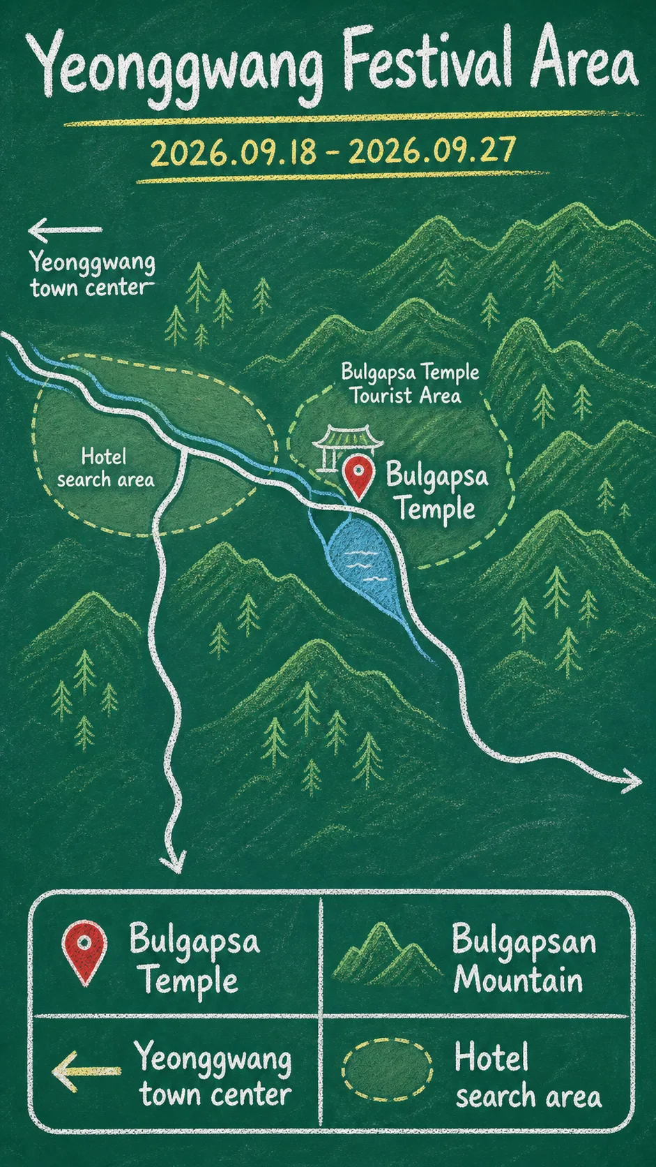 2026 Yeonggwang Bulgapsan Red Spider Lily Festival Hotel Guide English chalkboard map redrawn from the source map