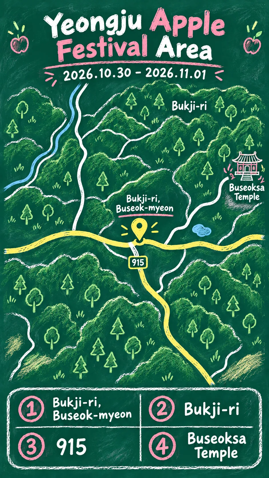 2026 Yeongju Apple Festival: Dates, Travel Tips and Where to Stay English chalkboard map redrawn from the source map