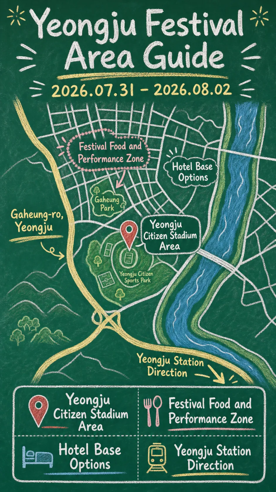2026 Yeongju Cool Night Festa: Dates, Venue, Travel Tips, and Where to Stay English chalkboard map redrawn from the source map