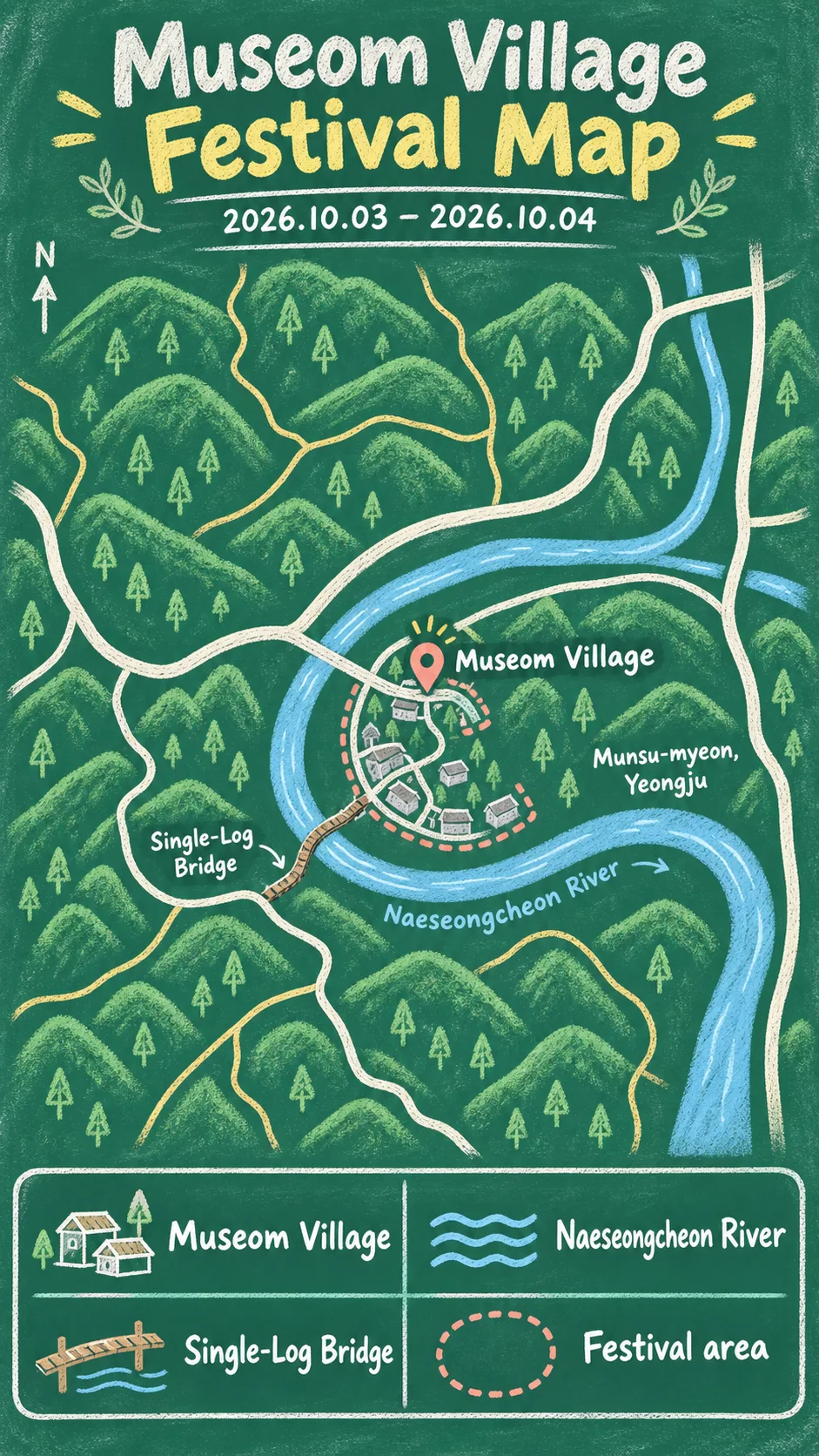 2026 Yeongju Museom Single-Log Bridge Festival: Dates, Travel Tips and Where to Stay English chalkboard map redrawn from the source map