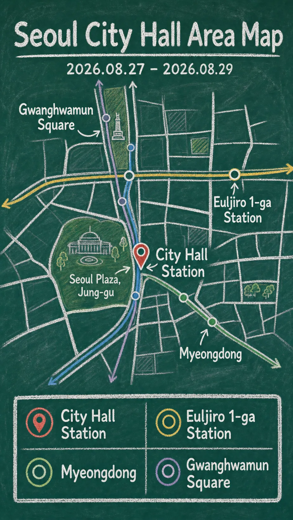 2026 Yeongyang Pepper H.O.T Festival: Seoul City Hall Area Hotel Guide English chalkboard map redrawn from the source map