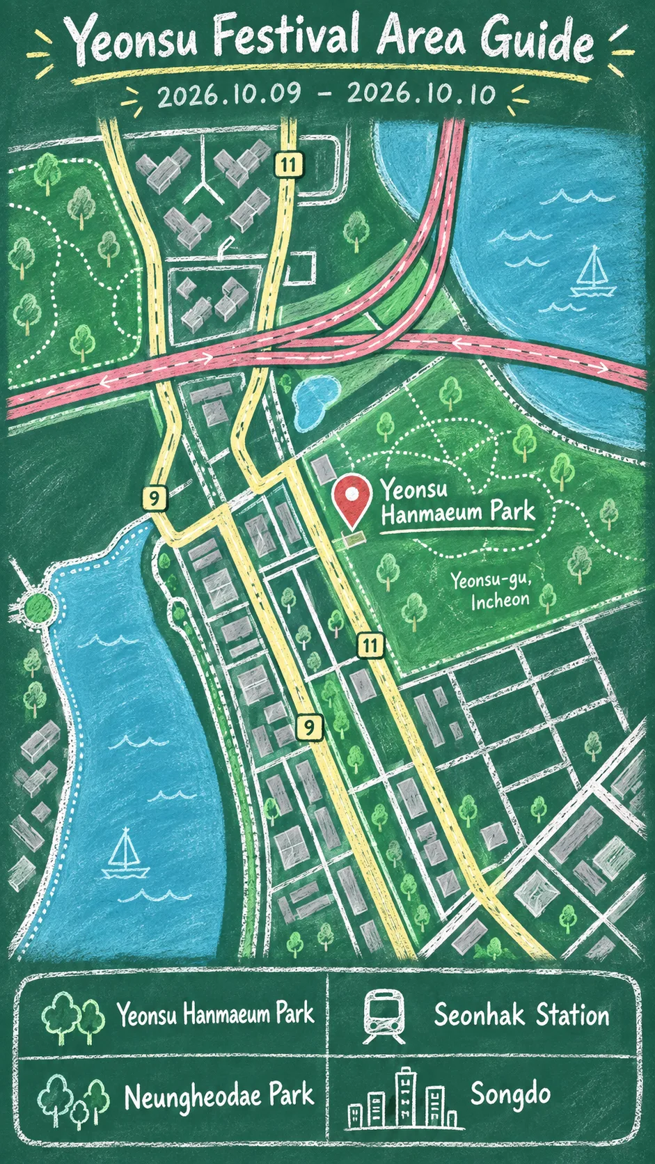 2026 Yeonsu Neungheodae Cultural Festival: Dates, Transport and Hotels English chalkboard map redrawn from the source map