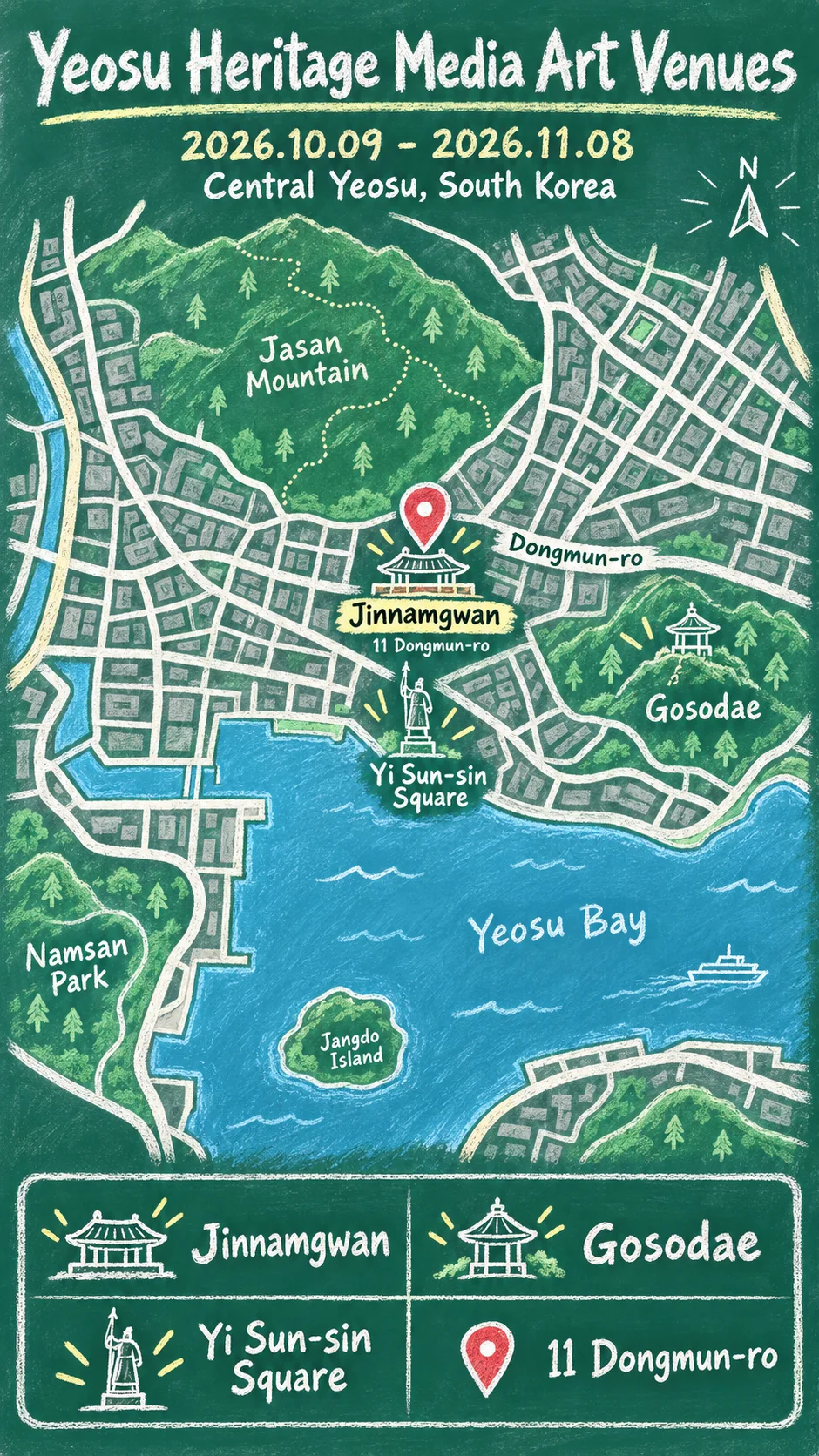 2026 Yeosu Jinnamgwan Media Art: Dates & Where to Stay English chalkboard map redrawn from the source map